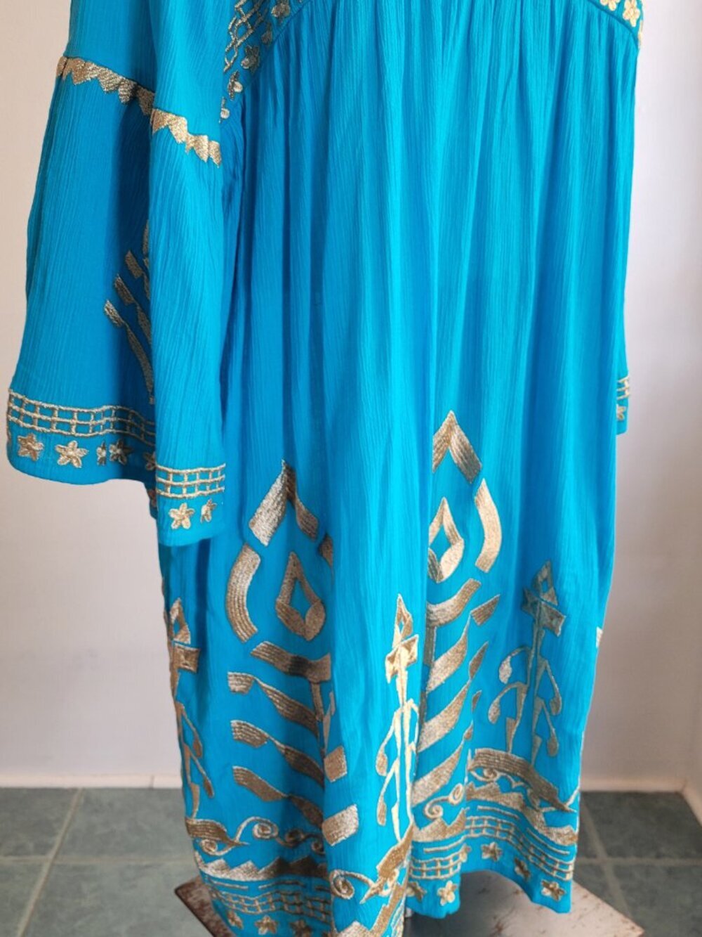 Soft Surroundings Zaneta Turquoise Babydoll Gold Flare Dress: (Size: XL) - Picture 9 of 16